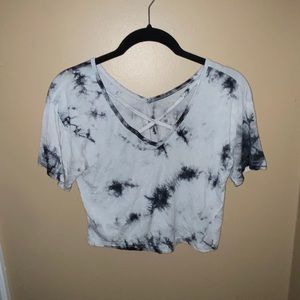 Navy and White Tie-Dye Short-Sleeve crop top, size S